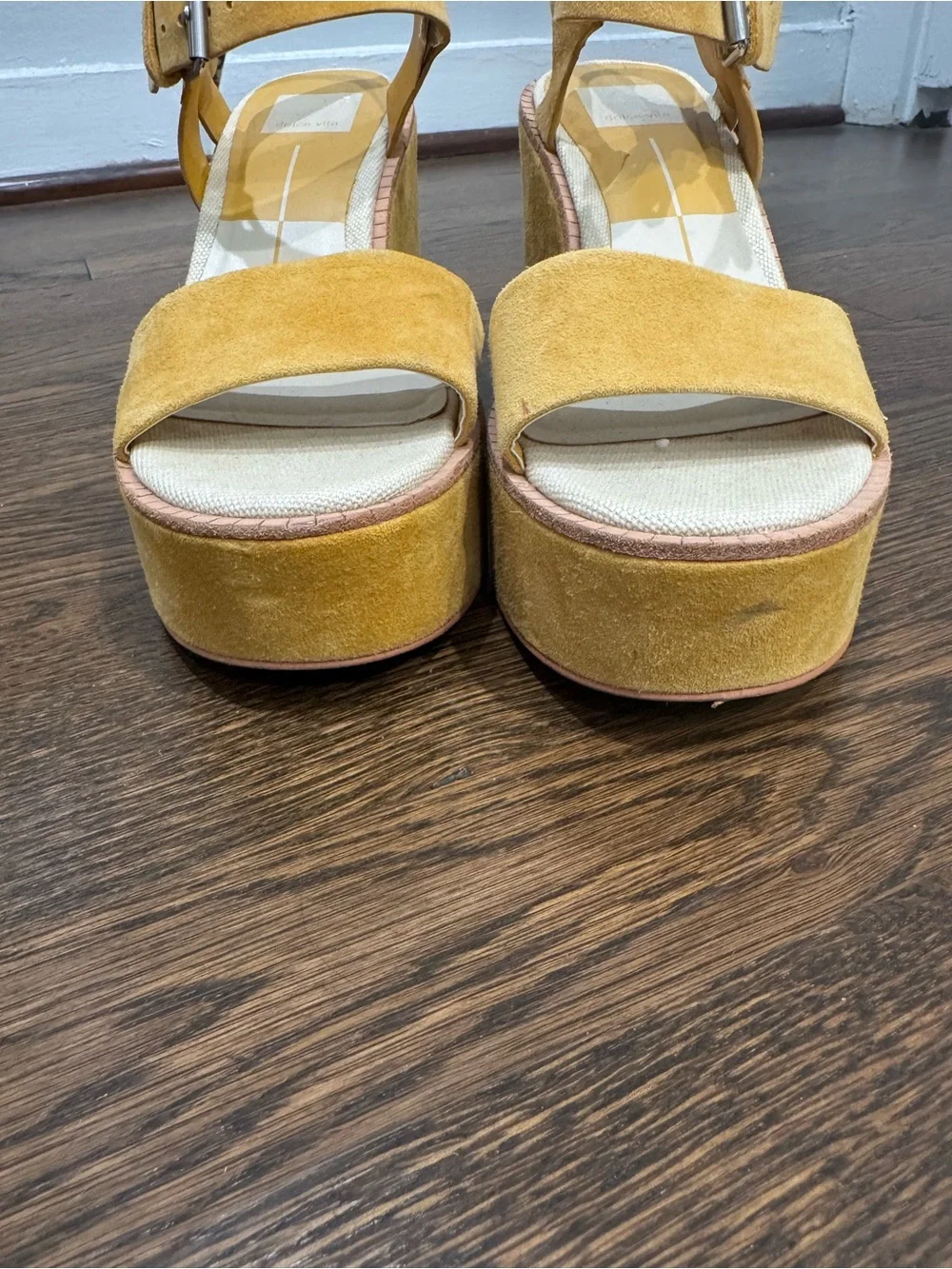 Dolce Vita Platform Suede Ankle-Strap Sandals in Mustard Yellow